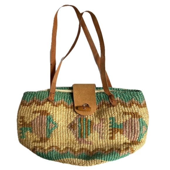 Sisal Large Tote Market Bag Basket Woven Leather Handles Fish Pattern Green Tan - Picture 1 of 10